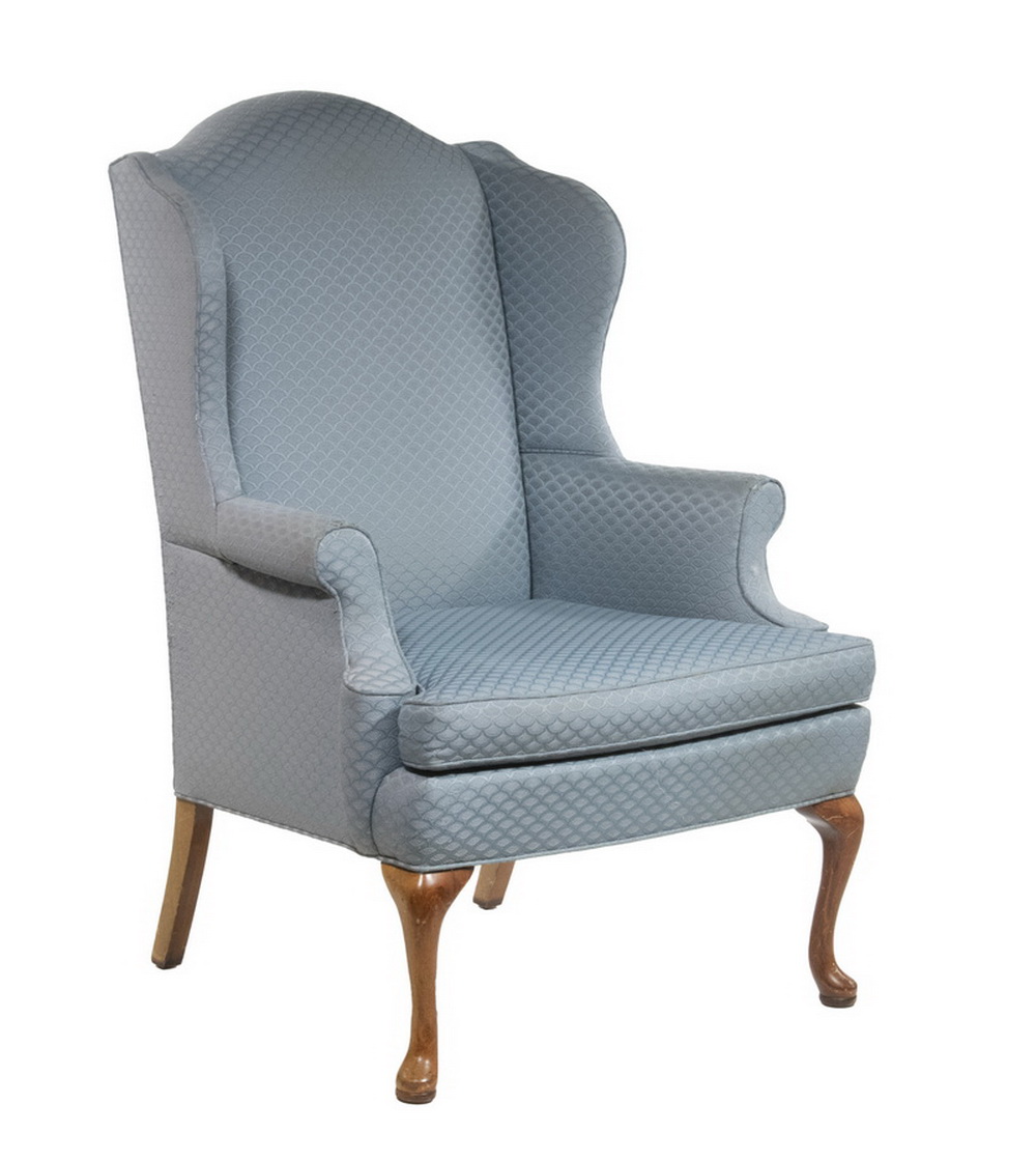 Appraisal: RE-UPHOLSTERED WING CHAIR Queen Anne Style Wing Chair with cherry