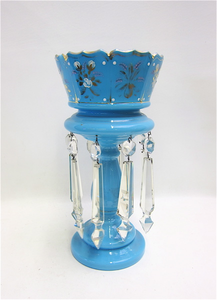 Appraisal: VICTORIAN GLASS LUSTRE blue glass with hand enameled motif having