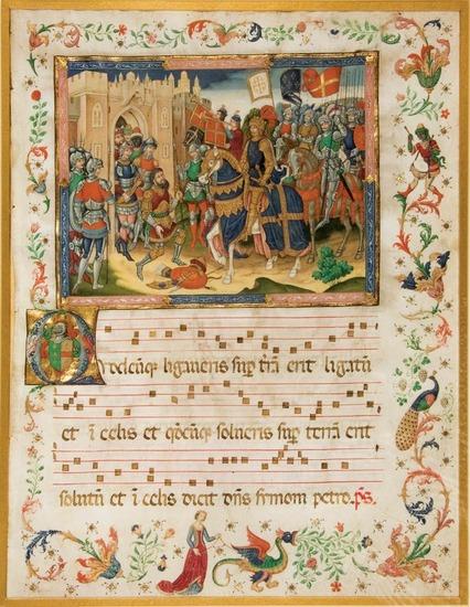 Appraisal: ILLUMINATED MANUSCRIPT LEAF ON VELLUM by the SPANISH FORGER Knights