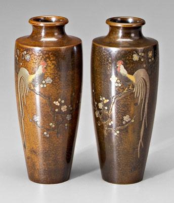 Appraisal: Pair Japanese inlaid bronze vases mirrored images mixed metal inlays