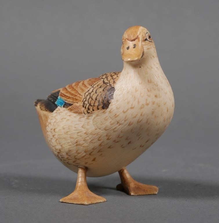 Appraisal: Finely carved Japanese ivory polychrome bird statue Measures high Fine