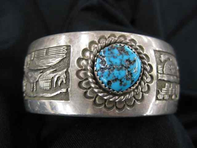 Appraisal: Indian Silver Turquoise Bracelet cuff style with engraved village scenes