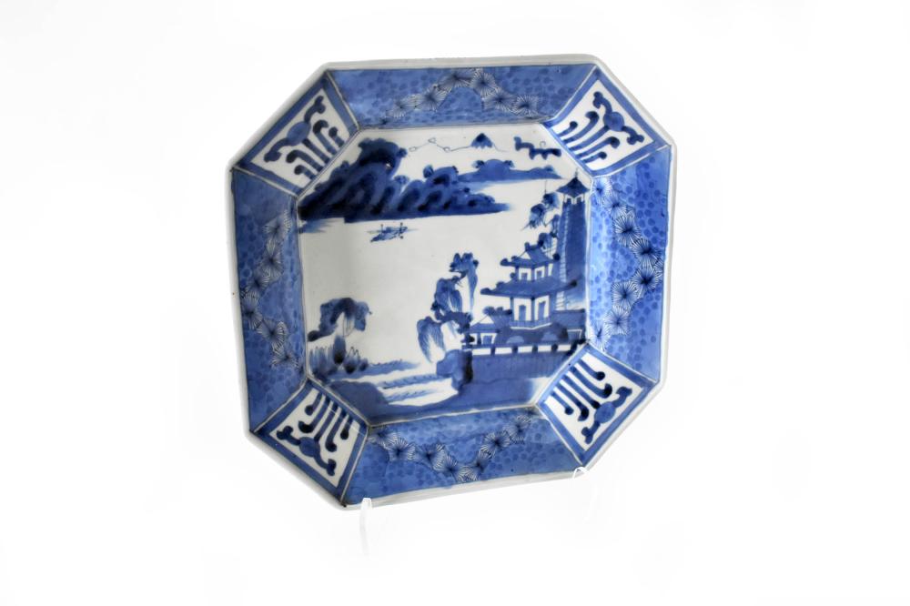 Appraisal: CANTON BLUE AND WHITE DECORATED PORCELAIN BOWLCirca Square with chamfered