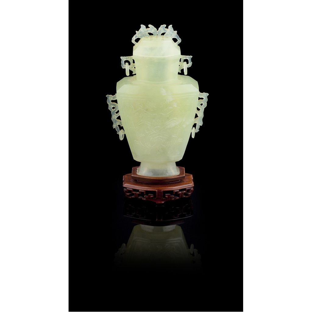 Appraisal: TRANSLUCENT CELADON HARDSTONE ARCHAIC STYLE VASE AND COVER the square