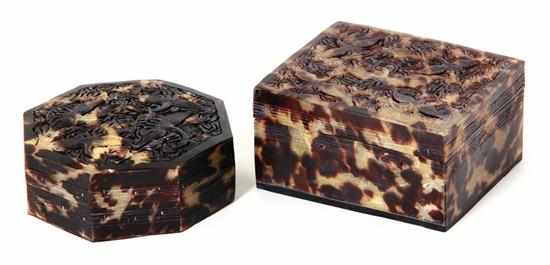 Appraisal: Chinese pierce-carved tortoiseshell boxes th century each top with bird