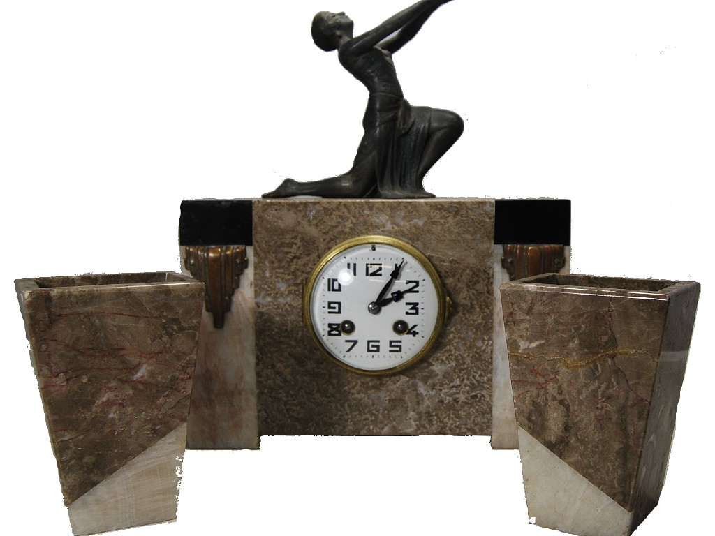 Appraisal: French Art Deco clock garniture the eight day movement having