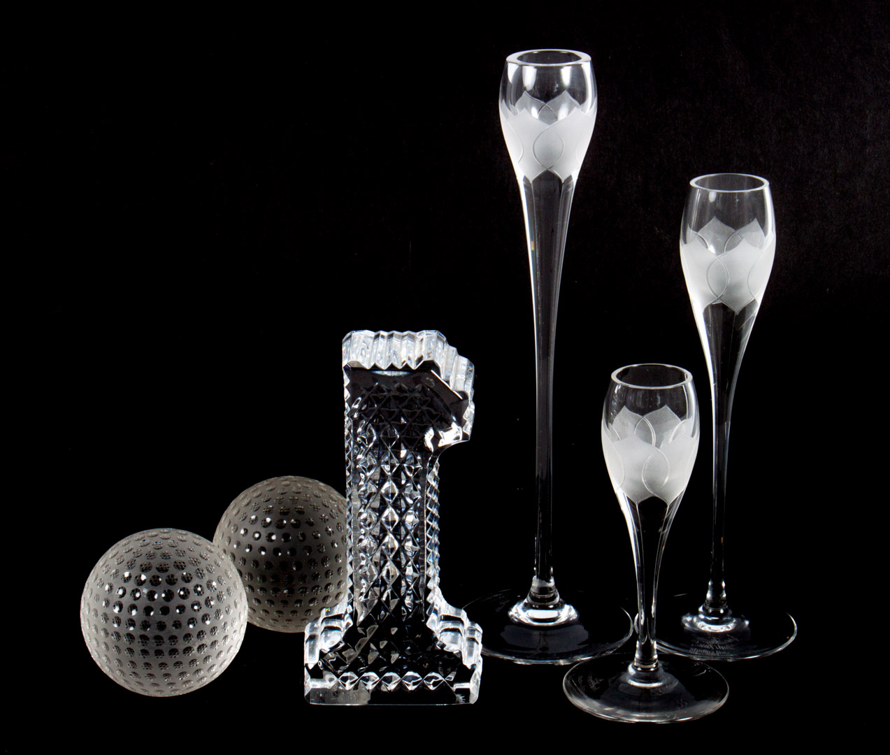 Appraisal: Six assorted decorative glass objects including pair of Tiffany golf