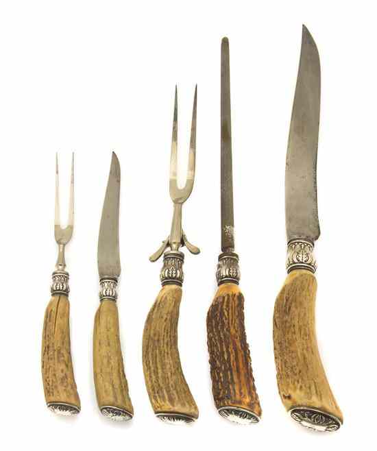 Appraisal: An Antler and Sterling Silver Mounted Carving Set comprising two