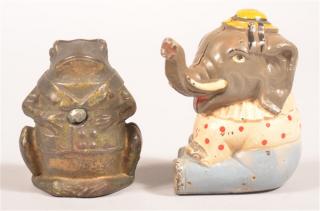 Appraisal: Two Cast Iron Animal Still Banks Professor Pug Frog by