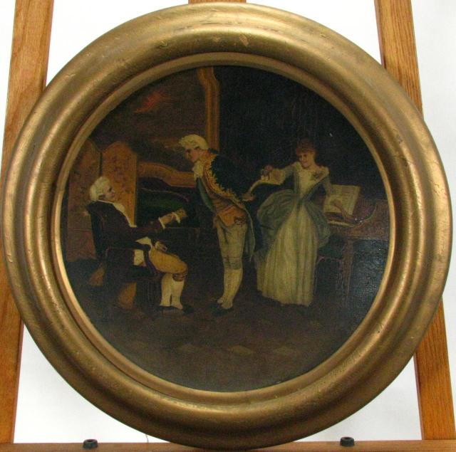 Appraisal: Unsigned antique round oil on concave tin painting depicting classic