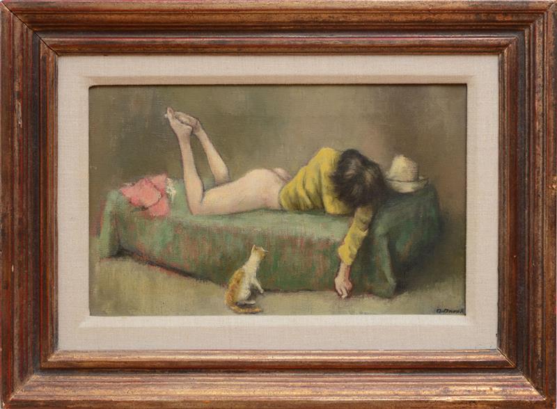 Appraisal: ALEXANDER BROOK - RECLINING WOMAN WITH CAT Oil on canvas