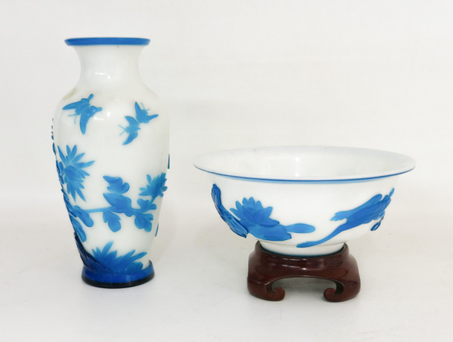 Appraisal: CHINESE PEKING GLASS VASE AND BOWL in turquoise cameo cut