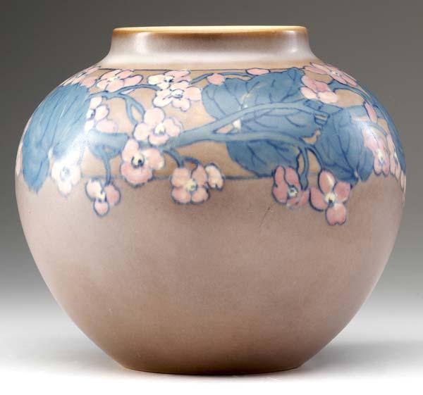 Appraisal: ROOKWOOD Vellum bulbous vase painted by Katherine Jones with branches