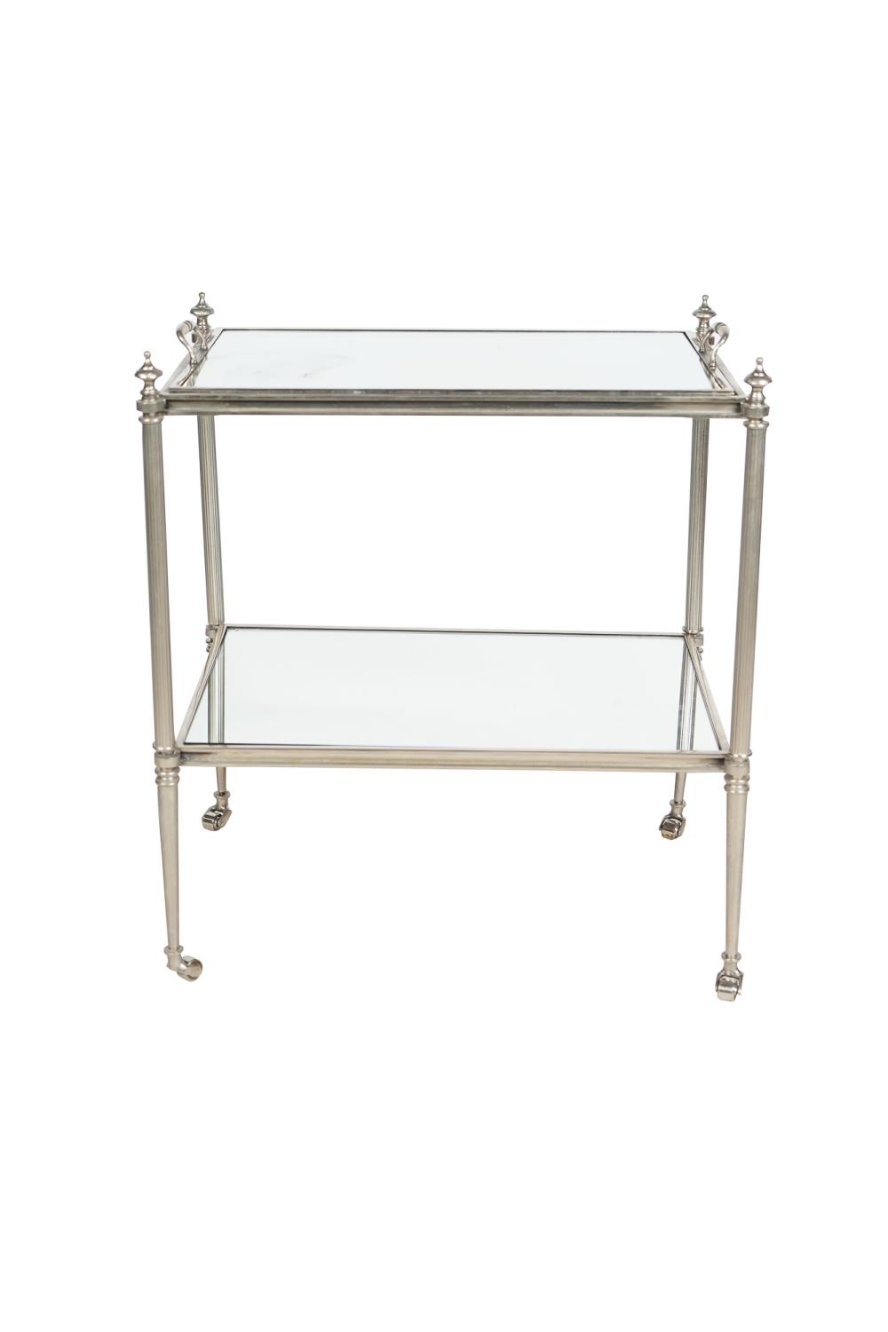 Appraisal: SILVERED METAL ROLLING CARTwith mirrored shelf and glass top tray