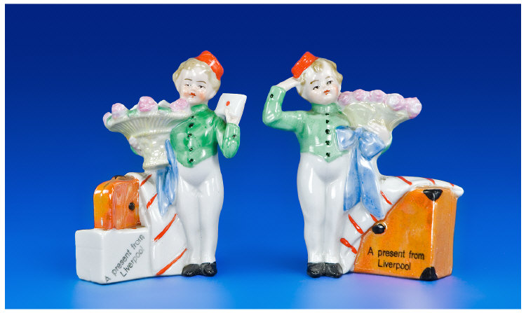 Appraisal: Pair of Liverpool Souvenir 'Bell Boy' Small Spill Vases One