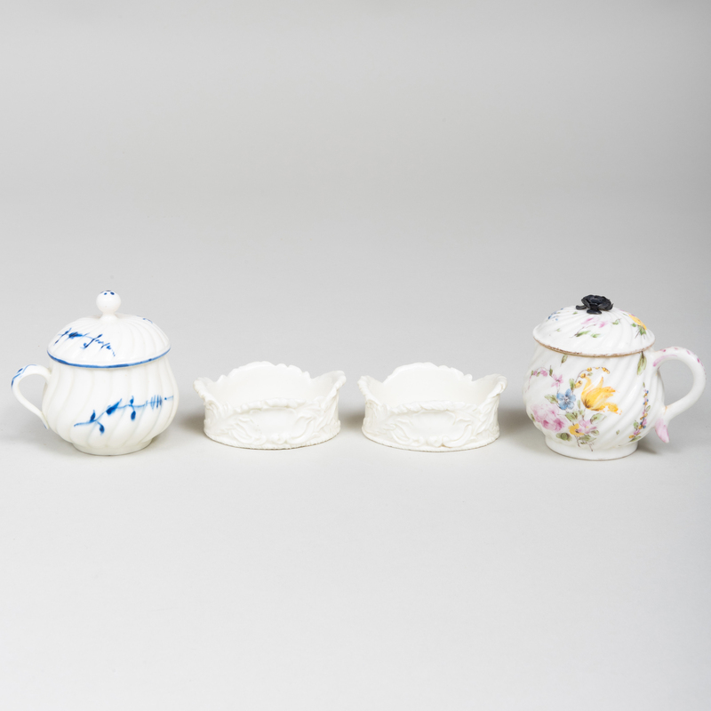 Appraisal: Pair of Naples Porcelain Salt Cellars and Two Continental Pot-de-Creme