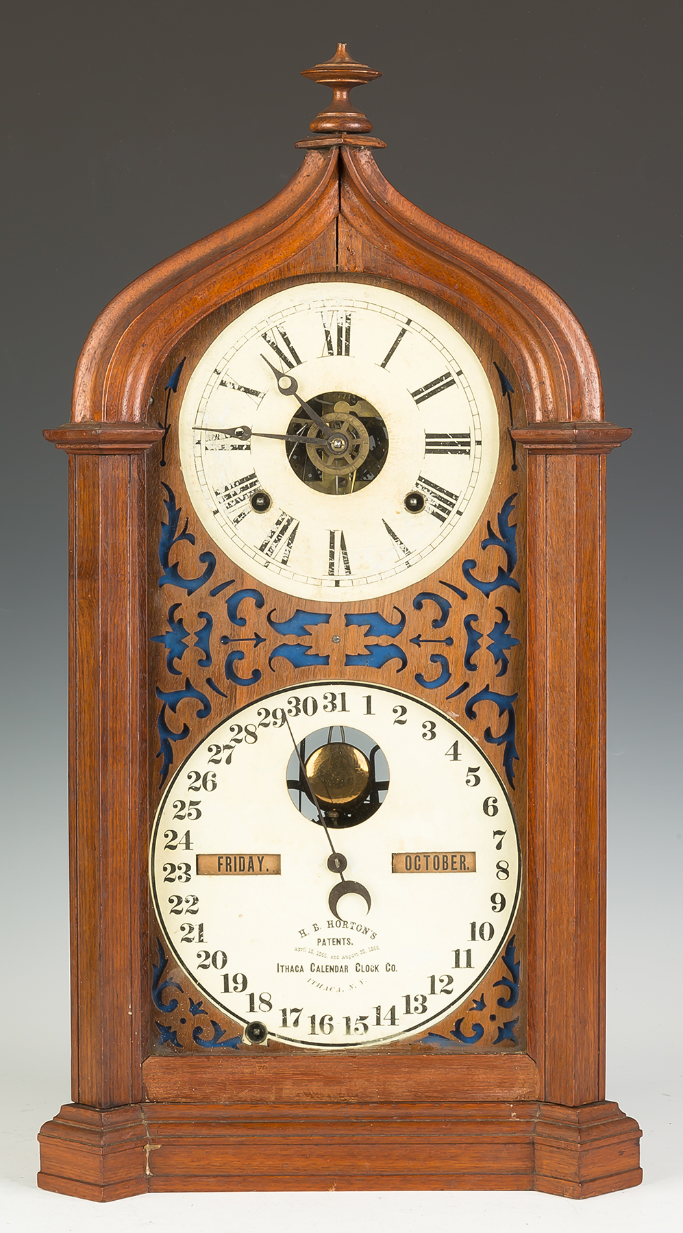 Appraisal: Ithaca Double Dial Calendar Clock Walnut case fretwork replaced missing