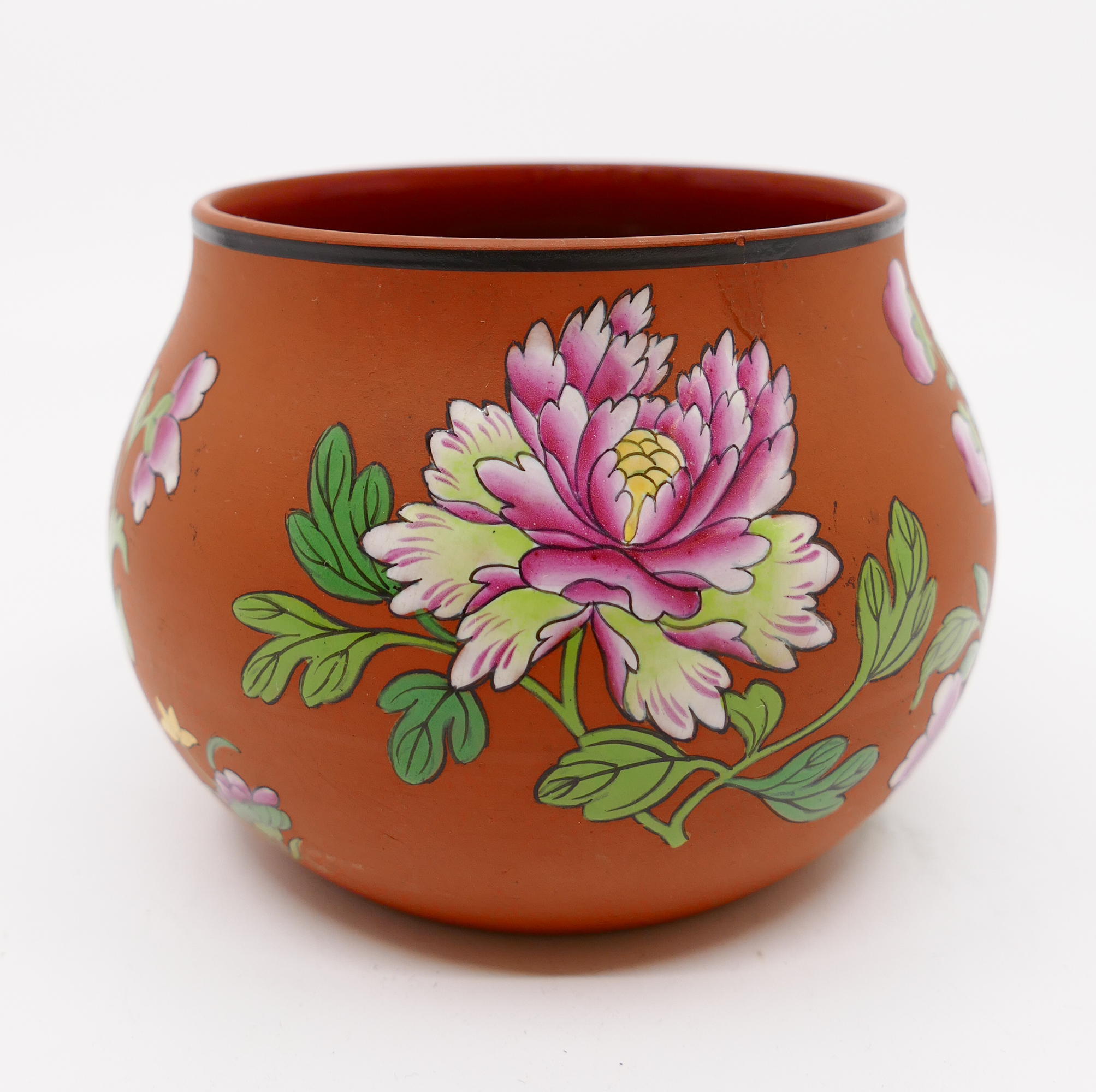 Appraisal: Wedgwood Rosso Antico Enameled Floral Small Vase or Jar without