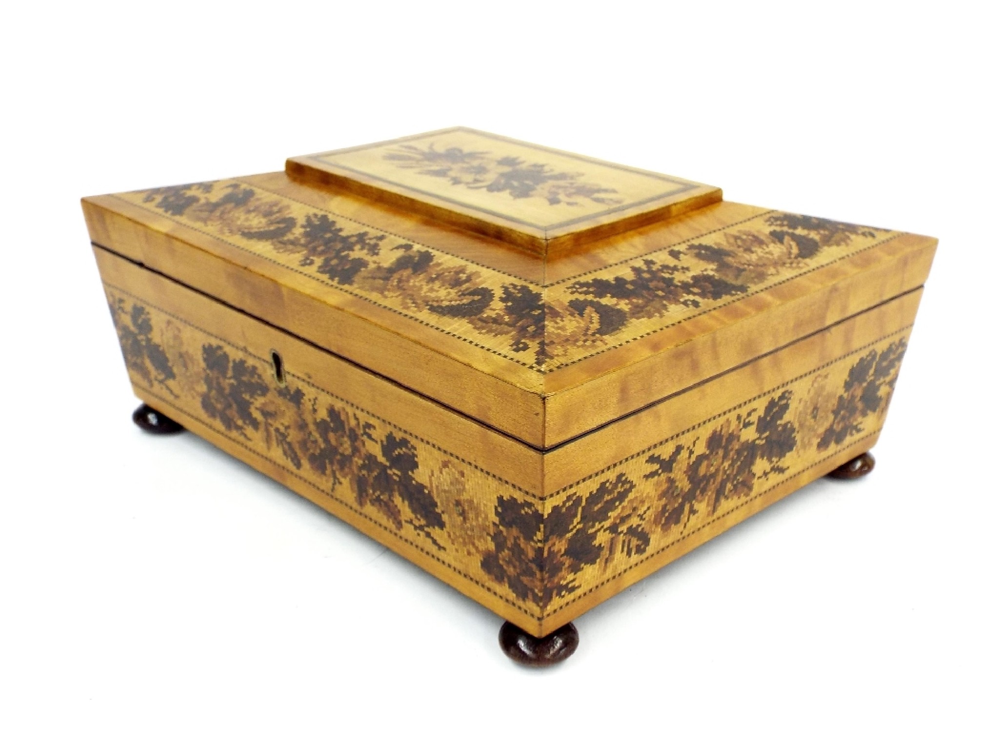 Appraisal: Tunbridge ware sarcophagus shaped workbox with floral decoration to the