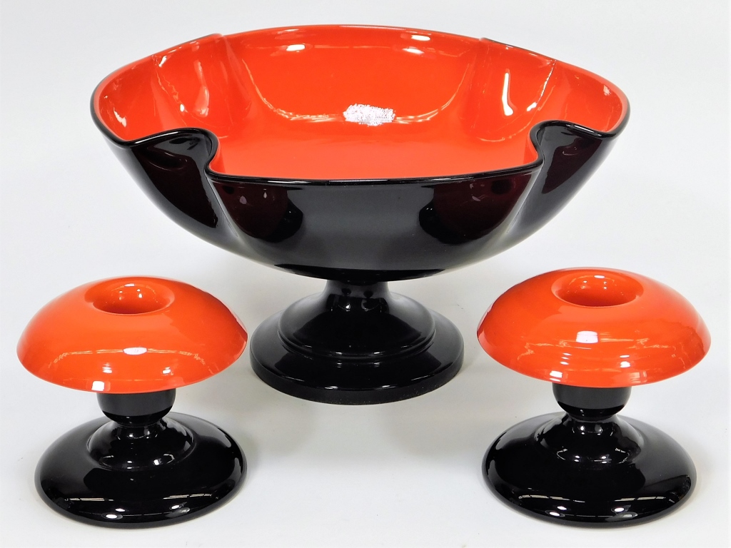 Appraisal: KRALIK RED TANGO BOHEMIAN ART GLASS CONSOLE SET Bohemia Early