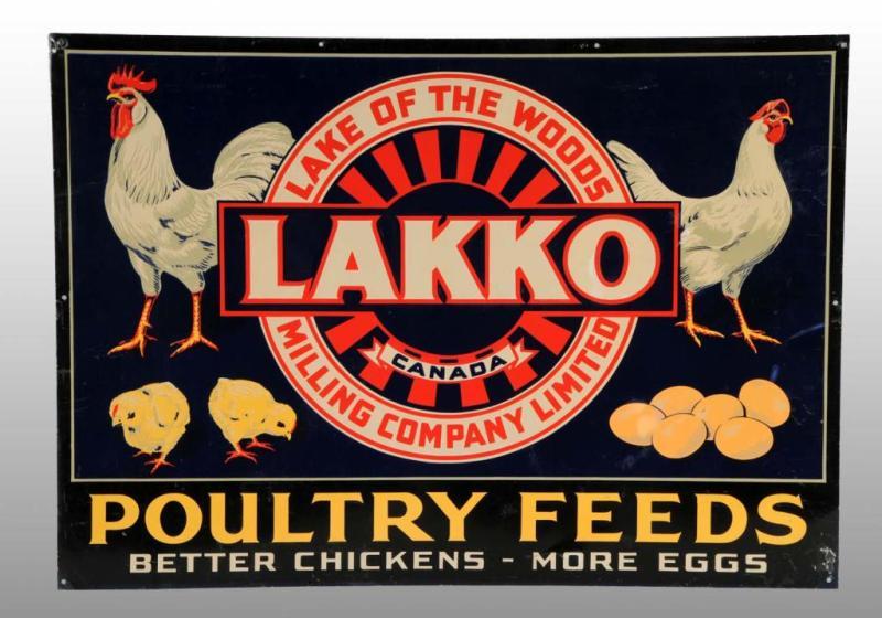 Appraisal: Embossed Tin Lakko Poultry Feeds Sign Description Circa s to