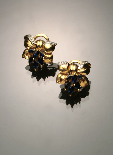 Appraisal: Pair of -Karat Yellow-Gold Blue Sapphire and Diamond Earrings Each