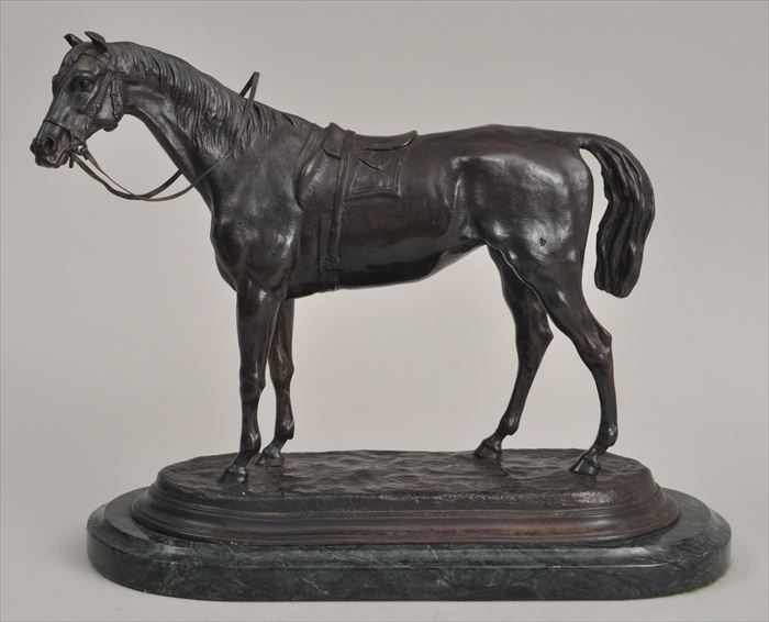 Appraisal: J MOIGNIEZ SADDLED HORSE Bronze incised signature on verde antico