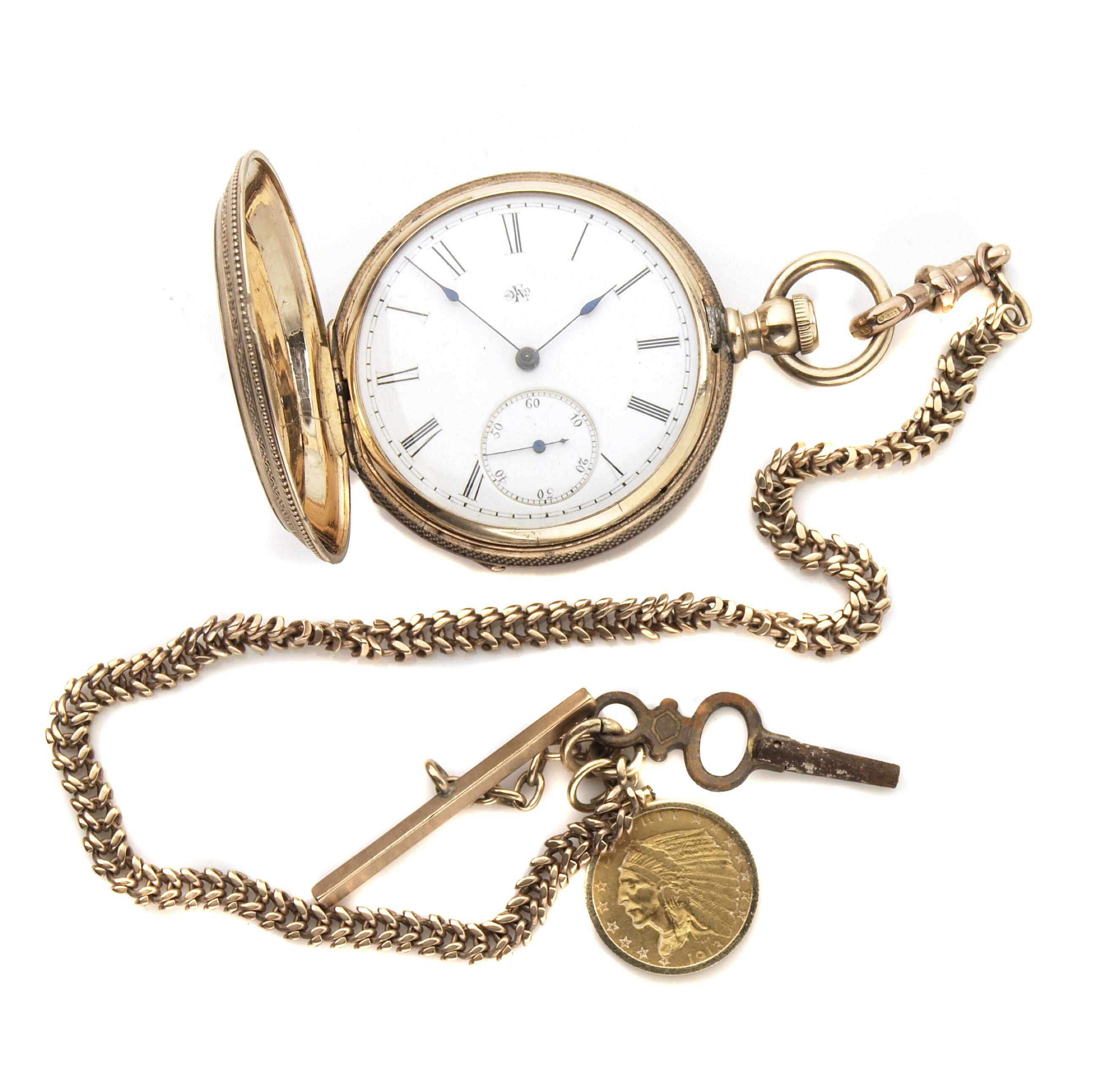 Appraisal: A gold pocketwatch watch with chain and coin with a