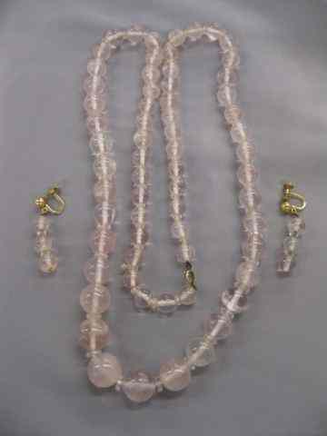 Appraisal: Rose Quartz Necklace Earrings '' bead necklace and pair of