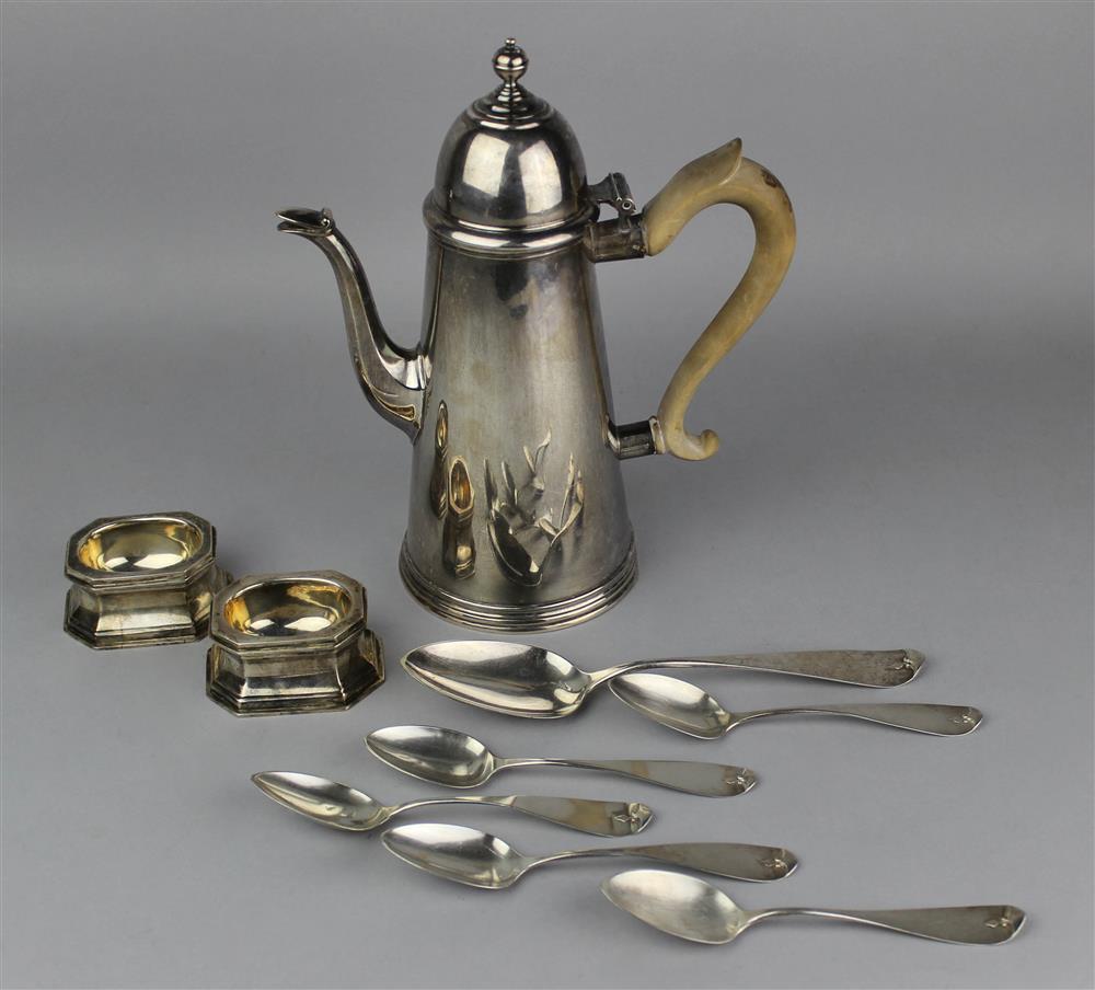 Appraisal: AMERICAN SILVER COFFEE POT TWO SALTS AND SIX COIN SPOONS