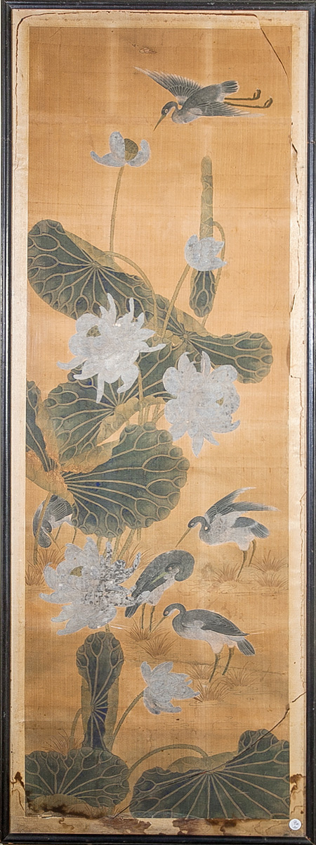 Appraisal: Japanese School Scroll with Blossoms and Lily Pads Ink and