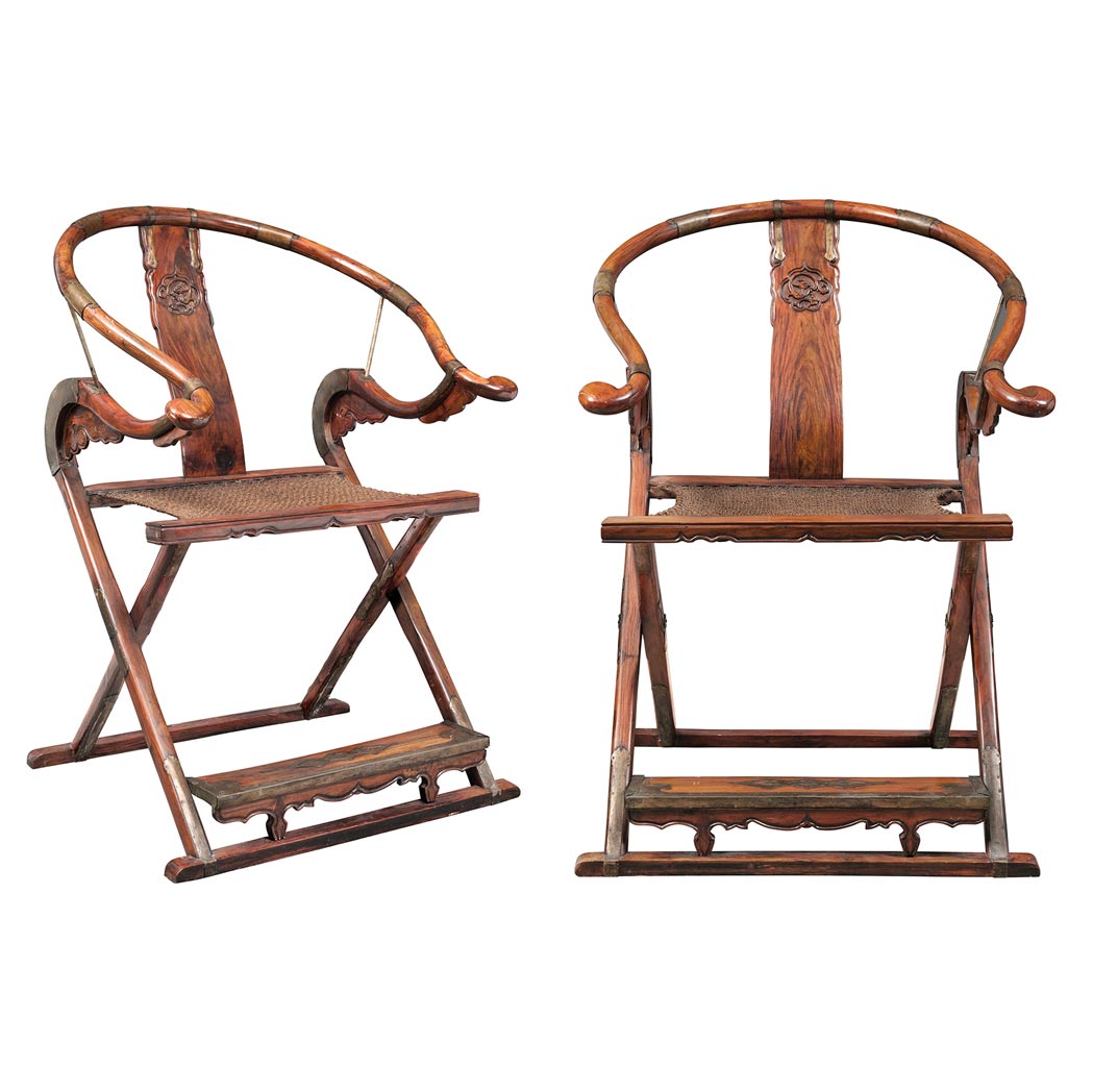 Appraisal: Pair of Chinese Hongmu Folding Horseshoe-back Armchairs Each chair with