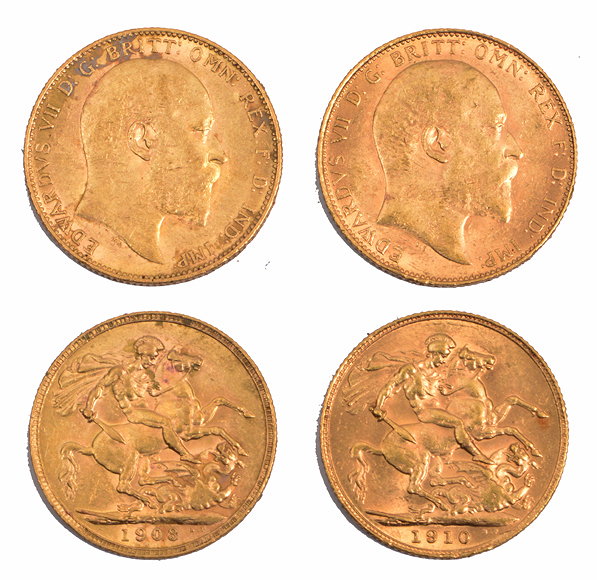 Appraisal: TWO EDWARD VII GOLD SOVEREIGNS one dated the other