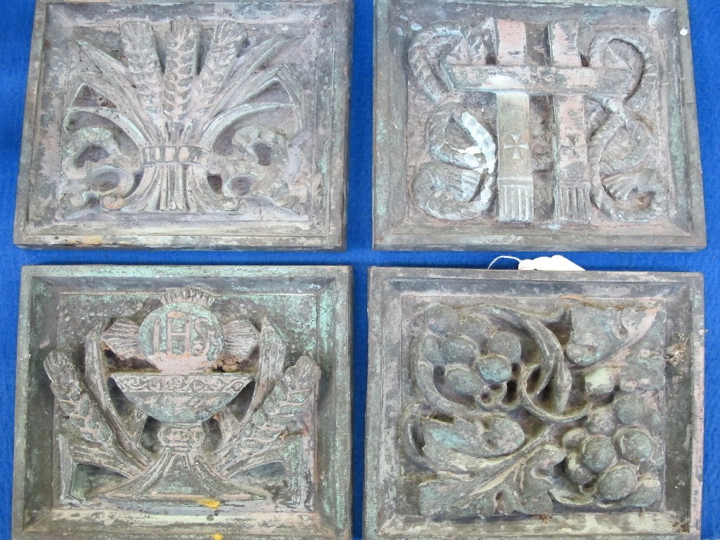 Appraisal: Four cast bronze religious themed square plaques