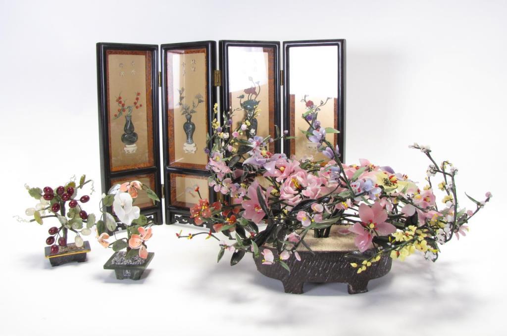 Appraisal: Oriental Jade Table Screen and Glass Planters four panel Coromandel