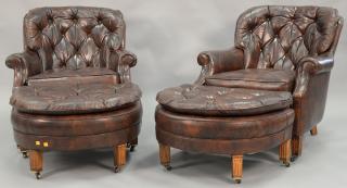 Appraisal: Pair of brown leather easy chairs and ottomans Pair of