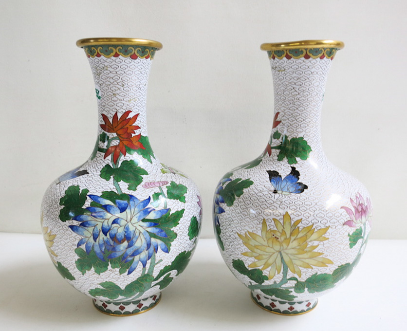 Appraisal: TWO JAPANESE CLOISONNE VASES in baluster form with white enamel