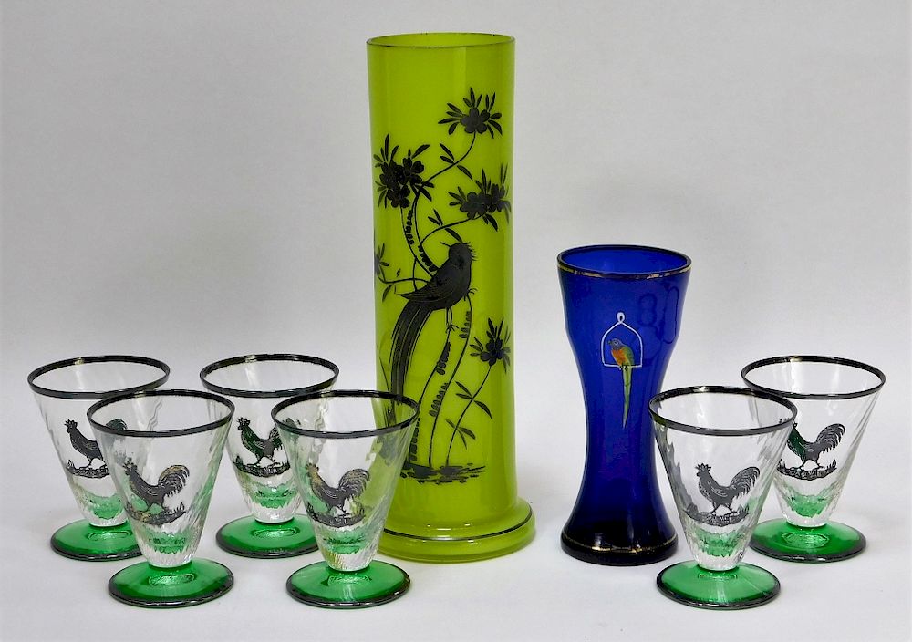 Appraisal: PC Enameled Bird Bohemian Art Glasses and Vase Bohemia th