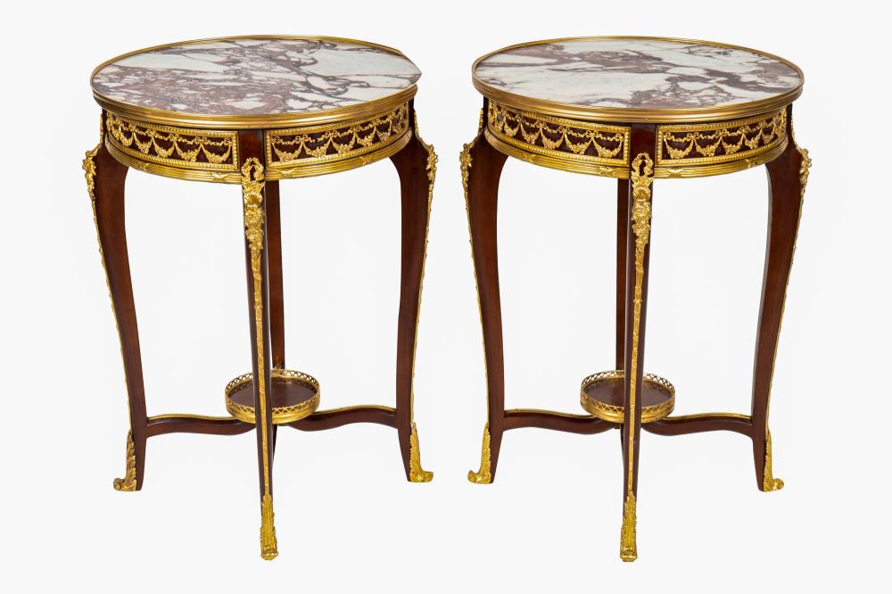 Appraisal: PAIR OF LOUIS XV STYLE GILT BRONZE MOUNTED MARBLE TOP