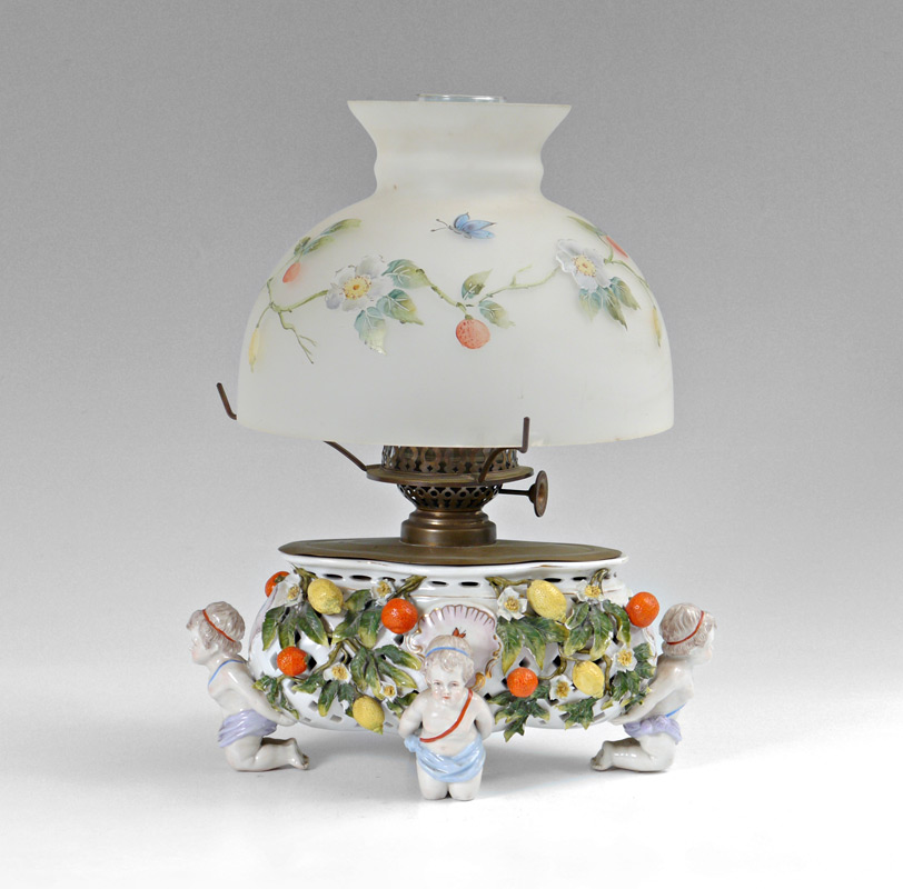 Appraisal: MOST UNUSUAL FIGURAL PORCELAIN OIL LAMP Appears to have been