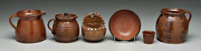 Appraisal: Six pieces th century redware pitcher with rounded body manganese