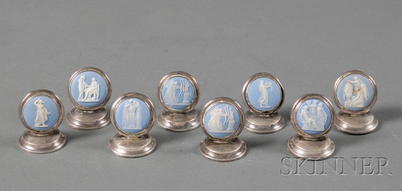 Appraisal: Eight Wedgwood Jasper Mounted Silver Place Card Holders England early