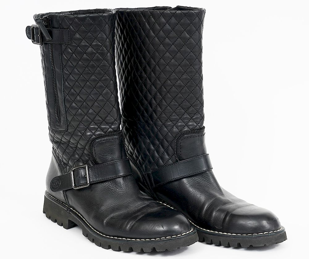 Appraisal: Chanel Black Leather Quilted Biker' Boots Pair of Chanel black