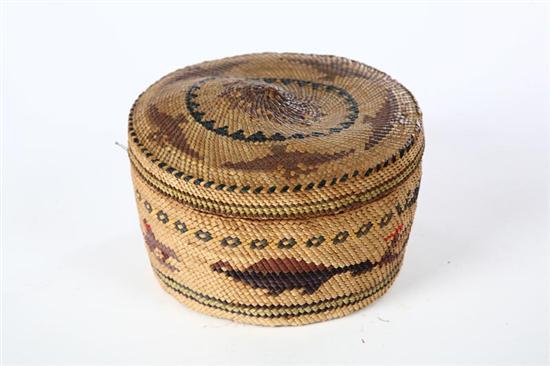 Appraisal: MAKAH LIDDED BASKET Mid th century woven grass Various animals