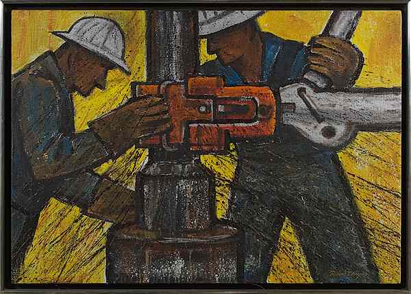 Appraisal: Workmen by Robert Hayes Oil on Canvas Robert Hayes American