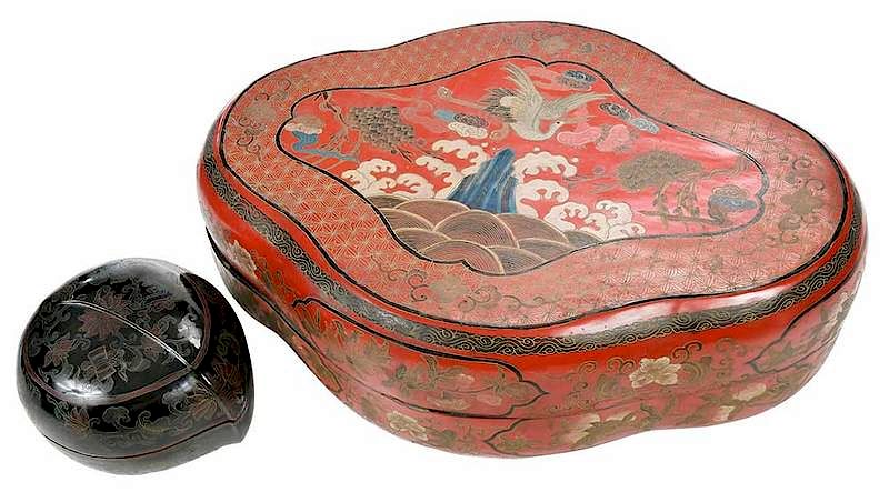 Appraisal: Two Chinese Lacquer Boxes Qing dynasty red lacquer quatrefoil shaped