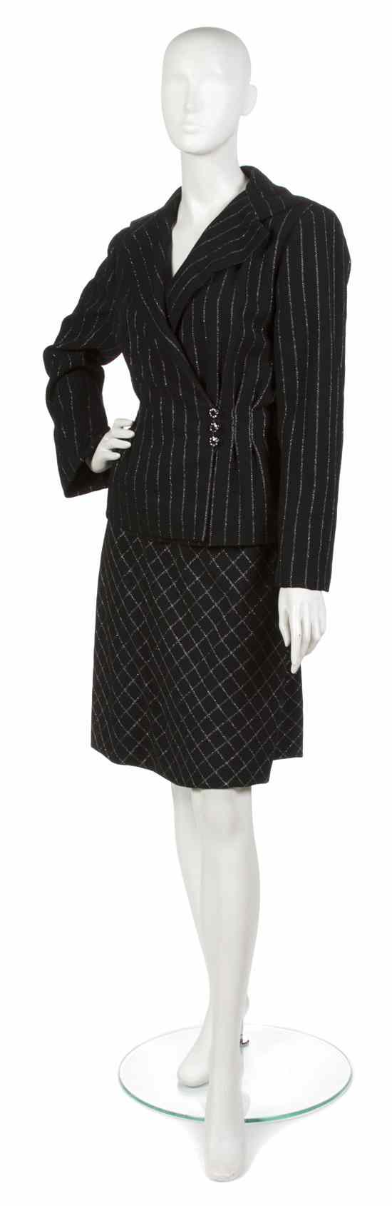 Appraisal: A Pauline Trigere Black Pinstripe Cocktail Suit silver lurex pinstripes