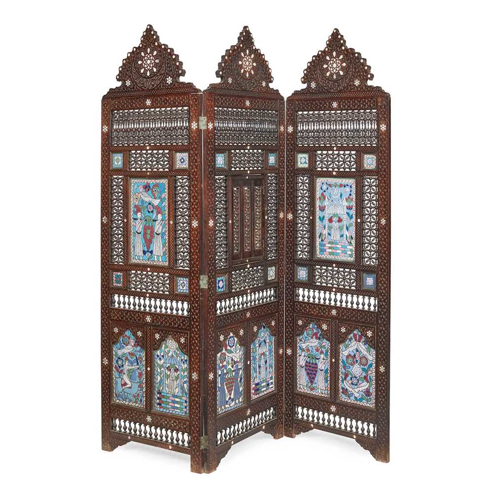 Appraisal: THREE-FOLD DAMASCUS HARDWOOD MOTHER-OF-PEARL AND ENAMEL PANEL MASHRABIYYA SCREEN LATE