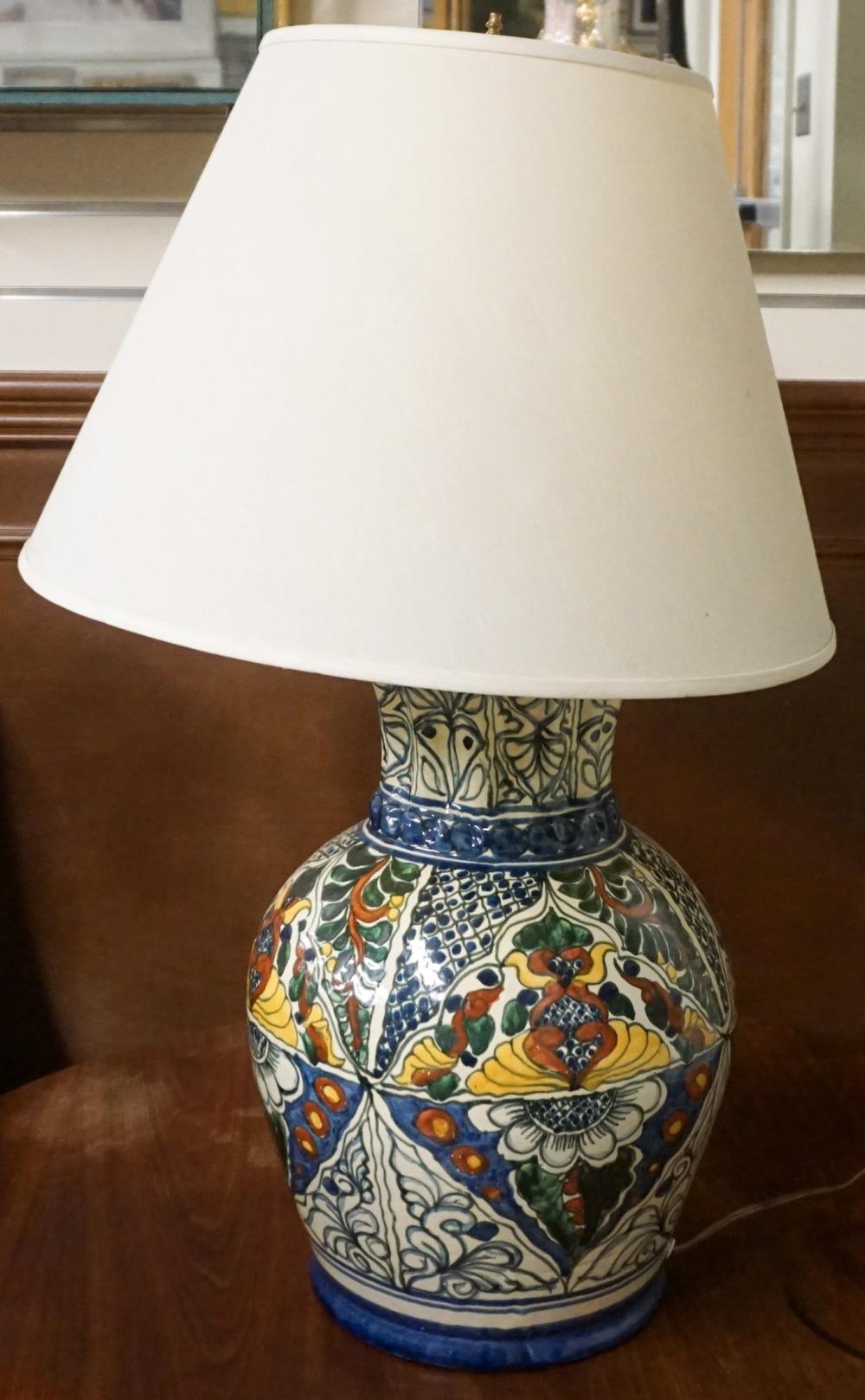 Appraisal: Mexican Decorated Terra Cotta Vase mounted as Lamp in cm