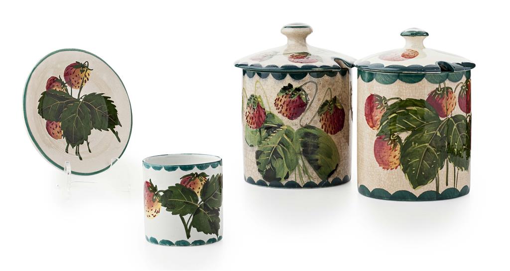 Appraisal: WEMYSS WARE TWO 'STRAWBERRIES' PRESERVE JARS COVERS EARLY TH CENTURY